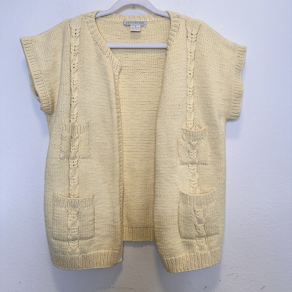 Vintage Womens Open Knit Cardigan Sweater Short Sleeve‎ Sz M Cotton Yellow